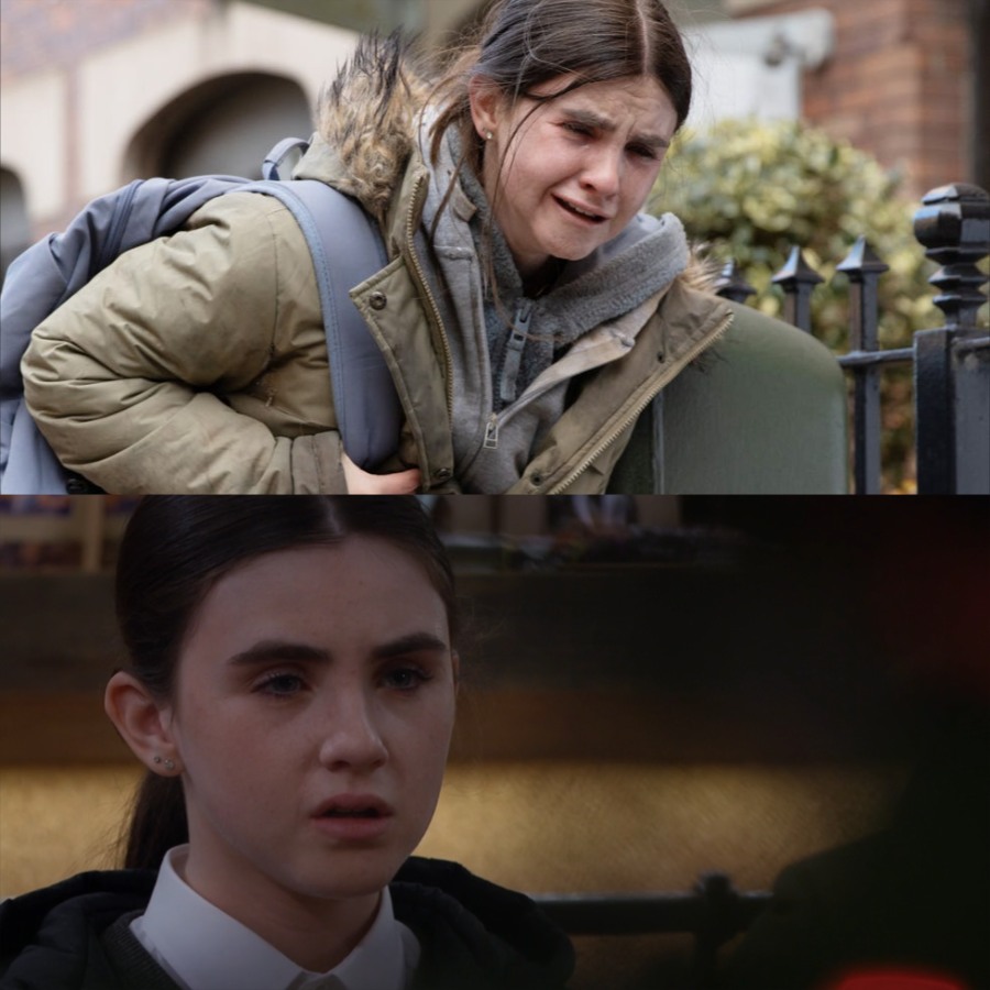 April tells Bob: “I know who killed Lewis.” – and faints right at the B&B door. –