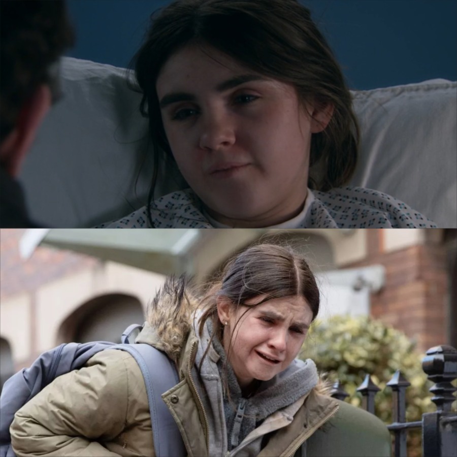 April overhears the phone call between Rhona and the police, learning the truth about her father’s death – leading her to flee the Dales. –