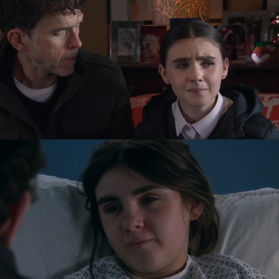 April overhears the phone call between Rhona and the police, learning the truth about her father’s death – leading her to flee the Dales.